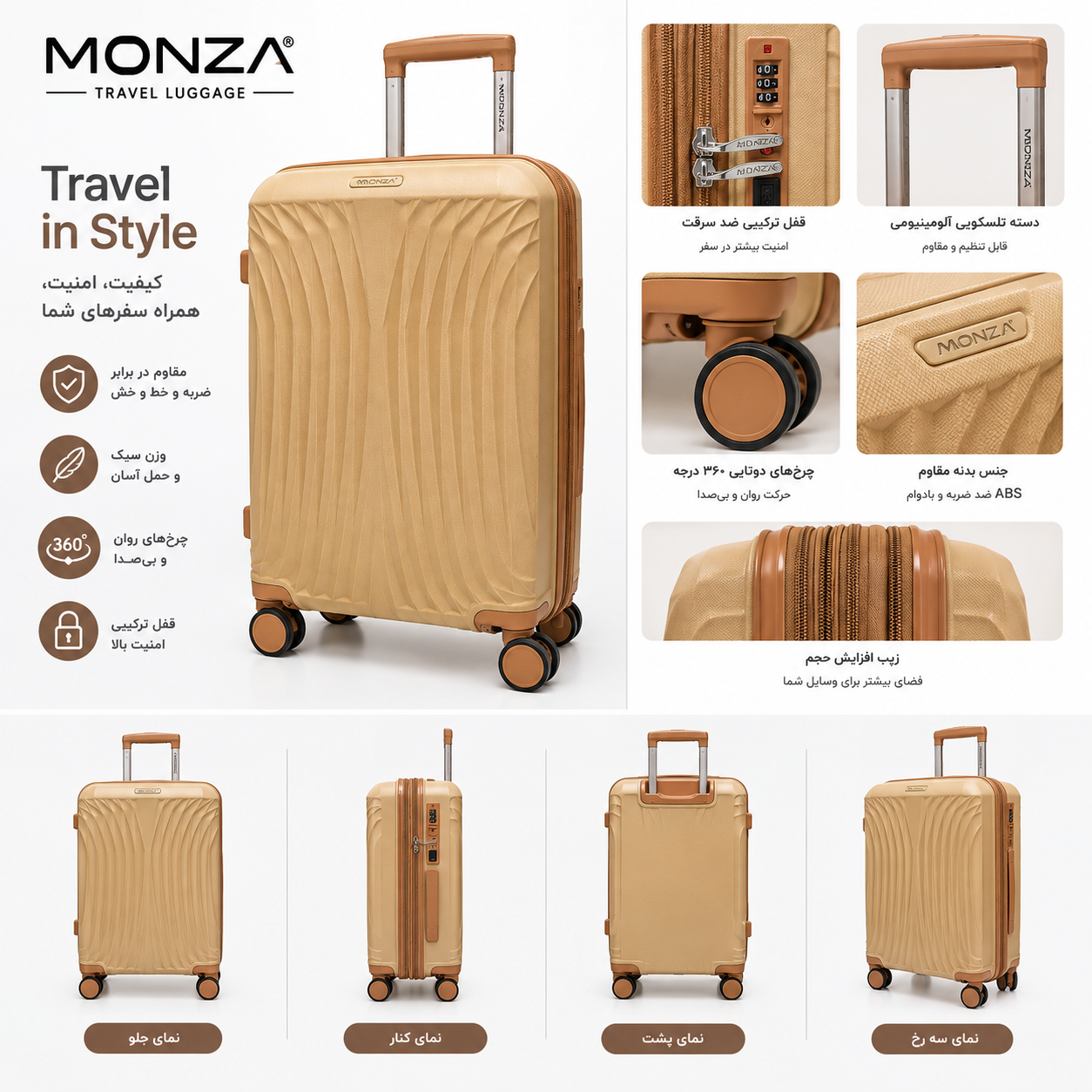 چمدان pp نشکن سایز کوچک ( کابین ) برند مونزا اورجینال MONZA