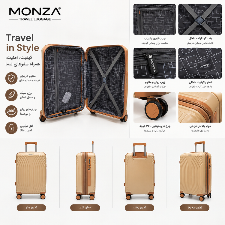 چمدان pp نشکن سایز کوچک ( کابین ) برند مونزا اورجینال MONZA